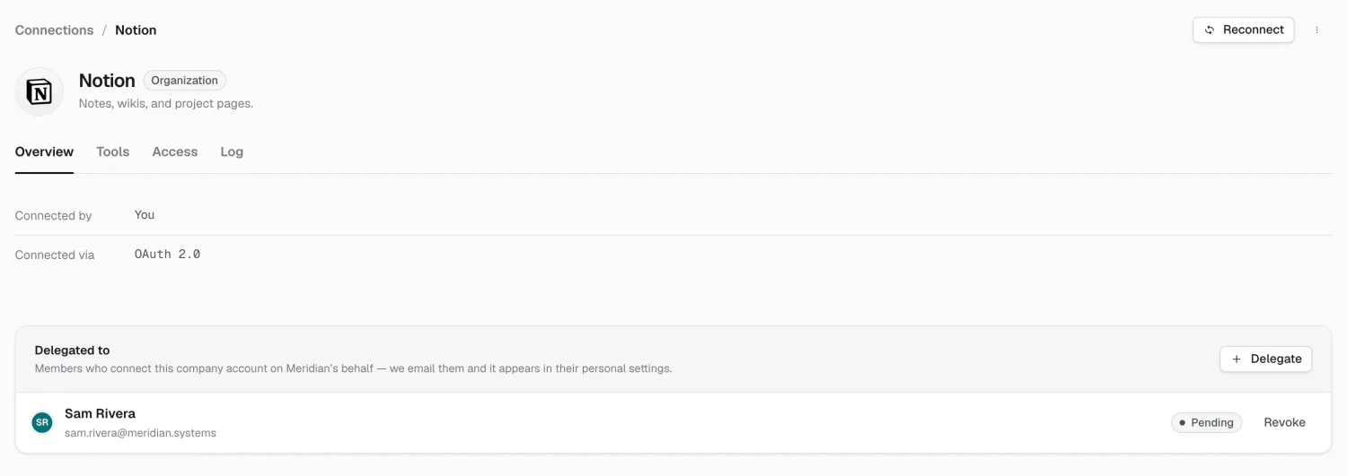 An organization connection delegated to a teammate, showing pending and connected states