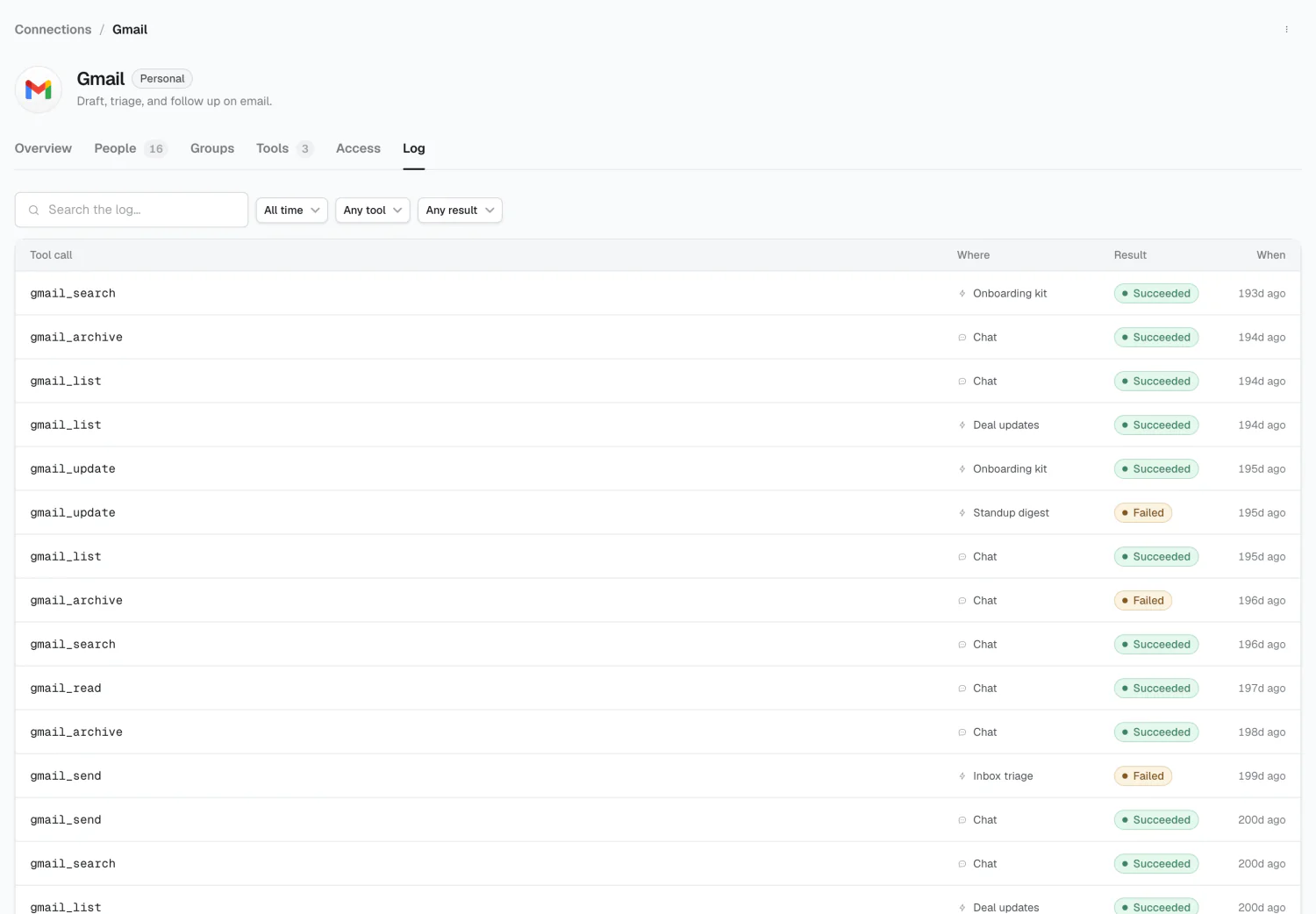 A connection's Log tab, listing tool calls with where they came from and how they resolved