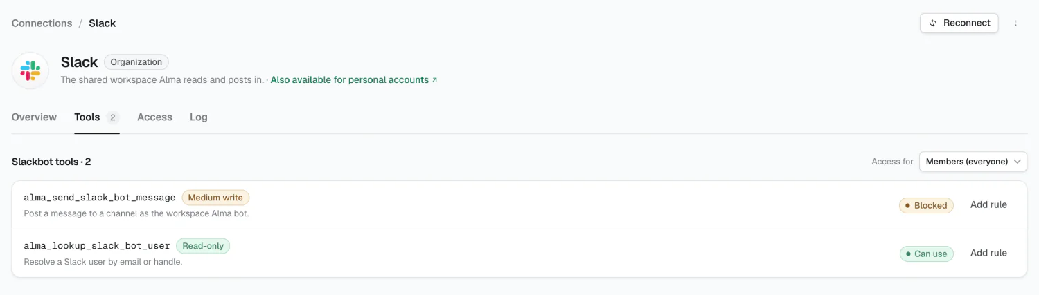 The Tools tab, listing each tool with its risk badge and effective access