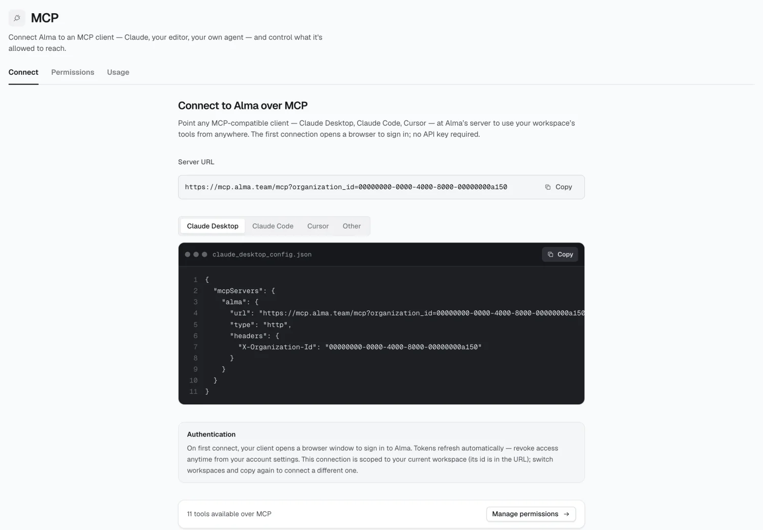 The MCP Connect tab, with the server URL and client config