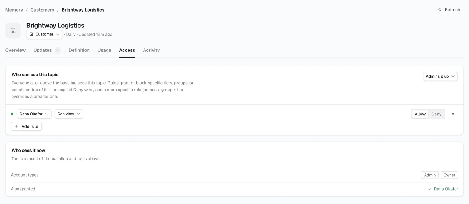 A topic's Access tab, showing the baseline audience and specific rules
