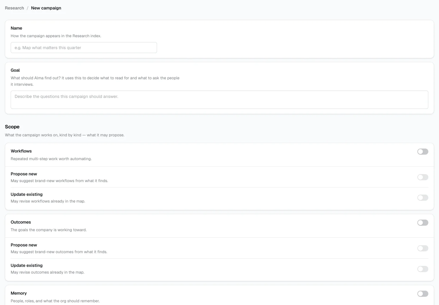 The campaign builder, showing scope and sources